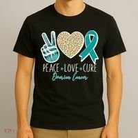 Peace Love Cure Ovarian Cancer Awareness T-Shirt thumb 3