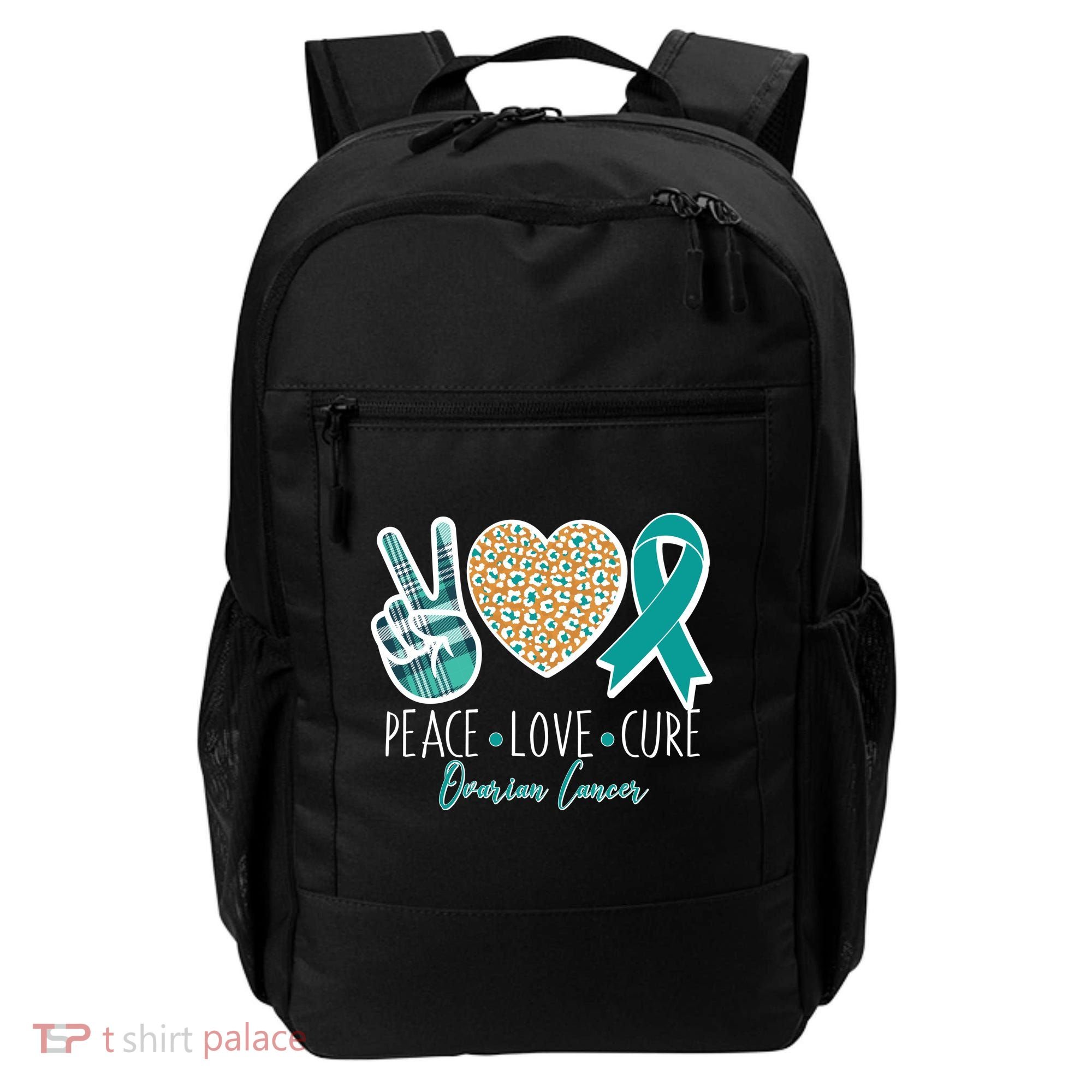 Peace Love Cure Ovarian Cancer Awareness Backpack
