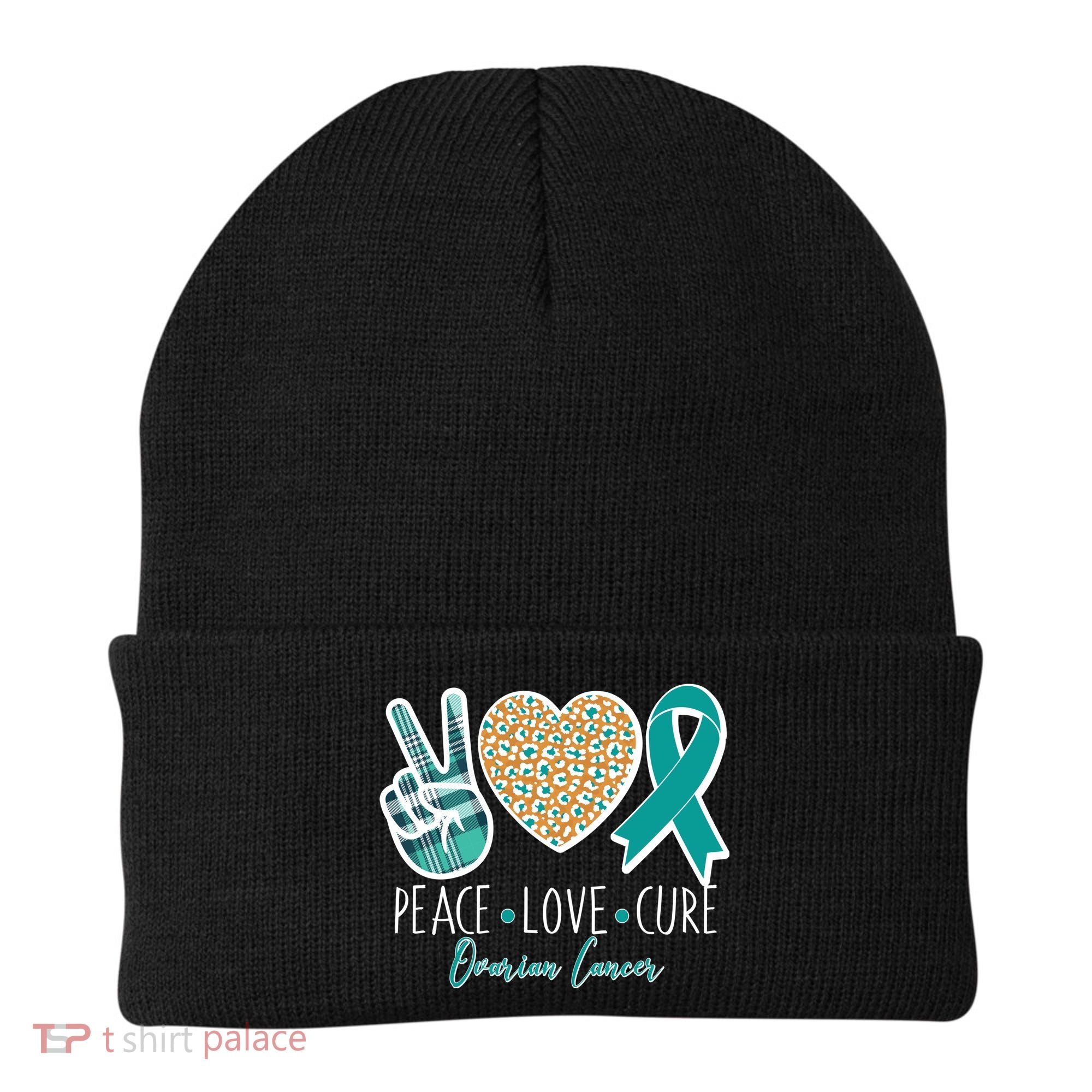 Peace Love Cure Ovarian Cancer Awareness Beanie