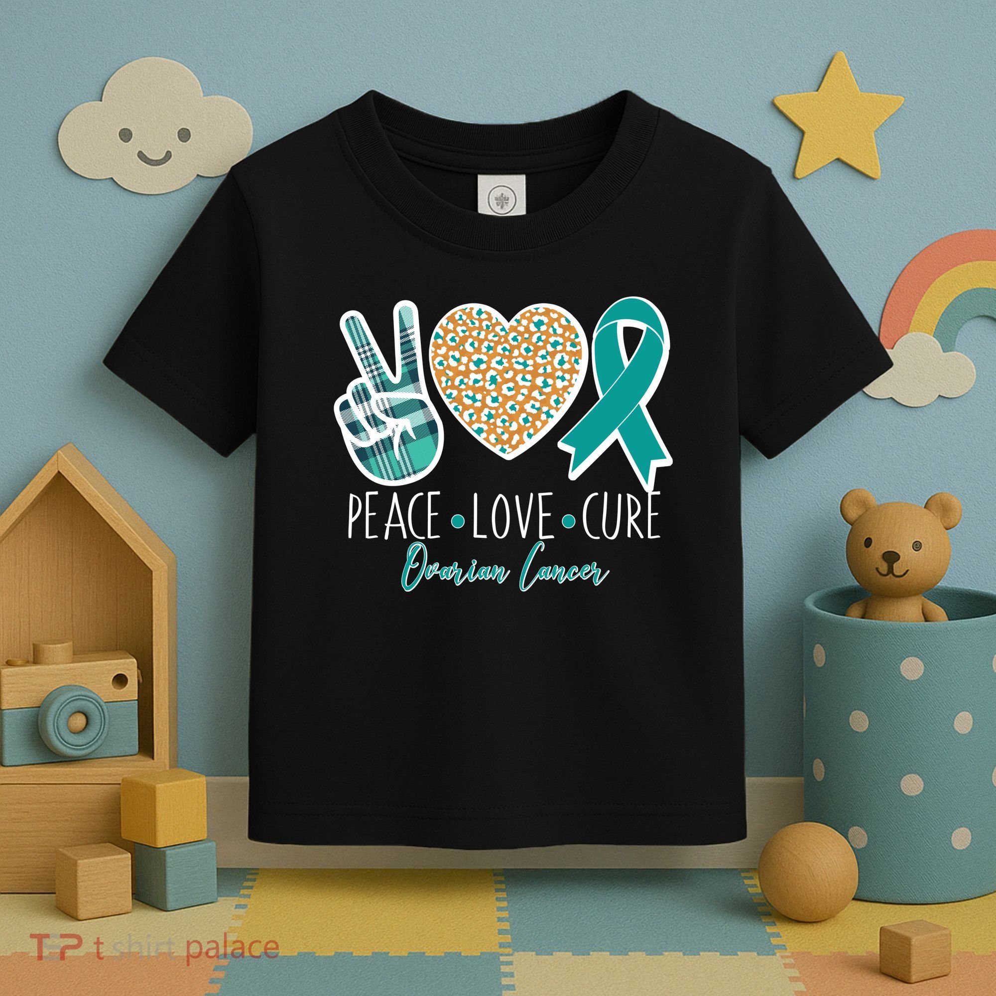 Peace Love Cure Ovarian Cancer Awareness Toddler T-Shirt