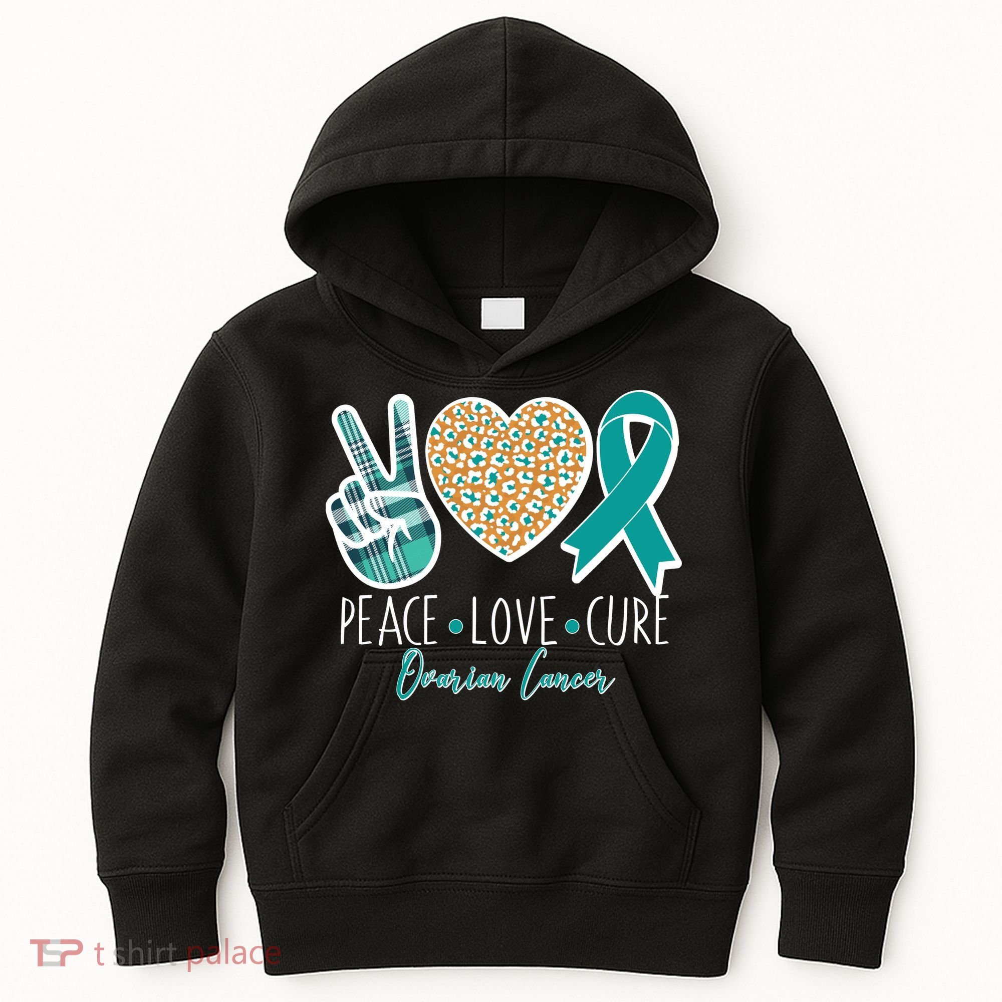 Peace Love Cure Ovarian Cancer Awareness Kids Hoodie