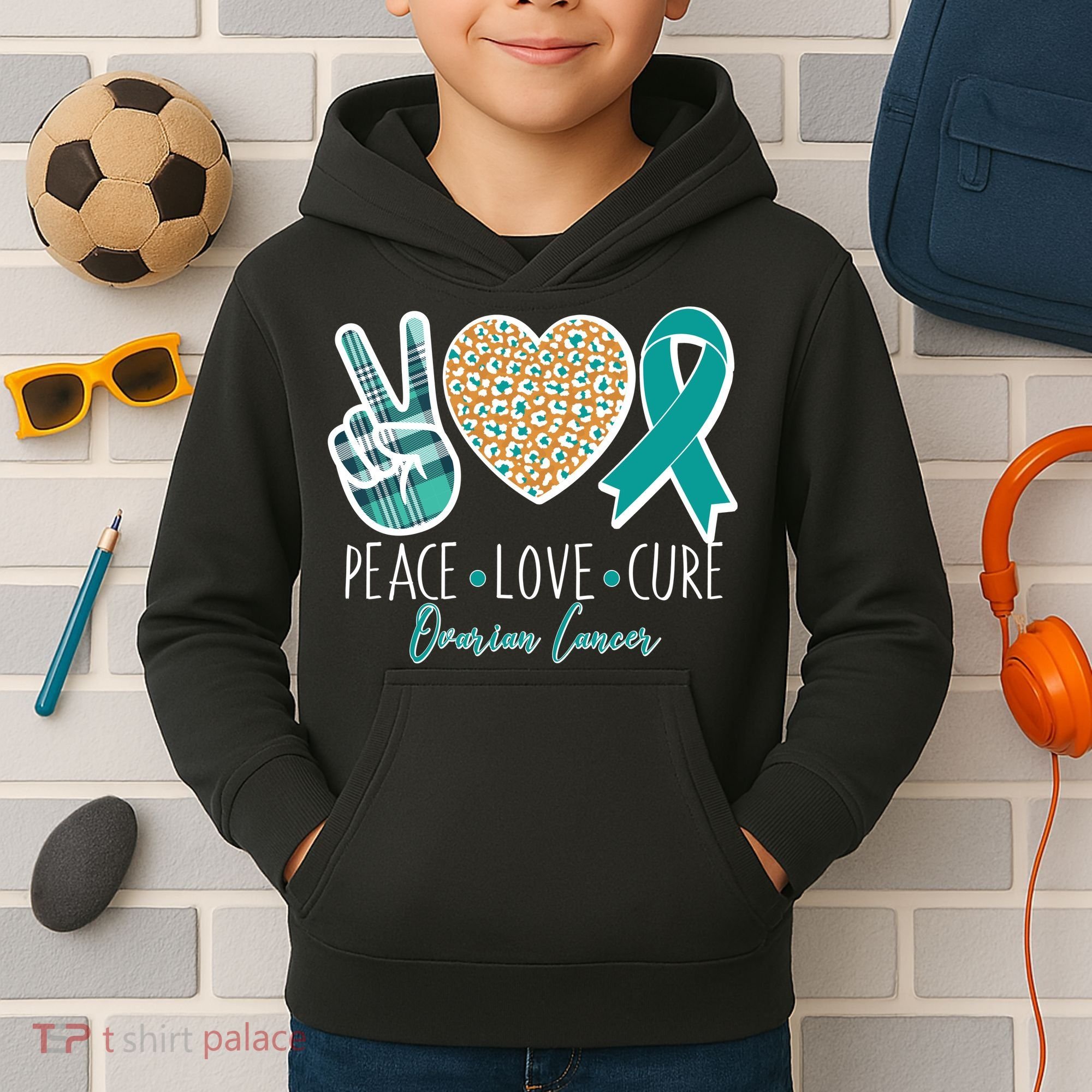 Peace Love Cure Ovarian Cancer Awareness Kids Hoodie