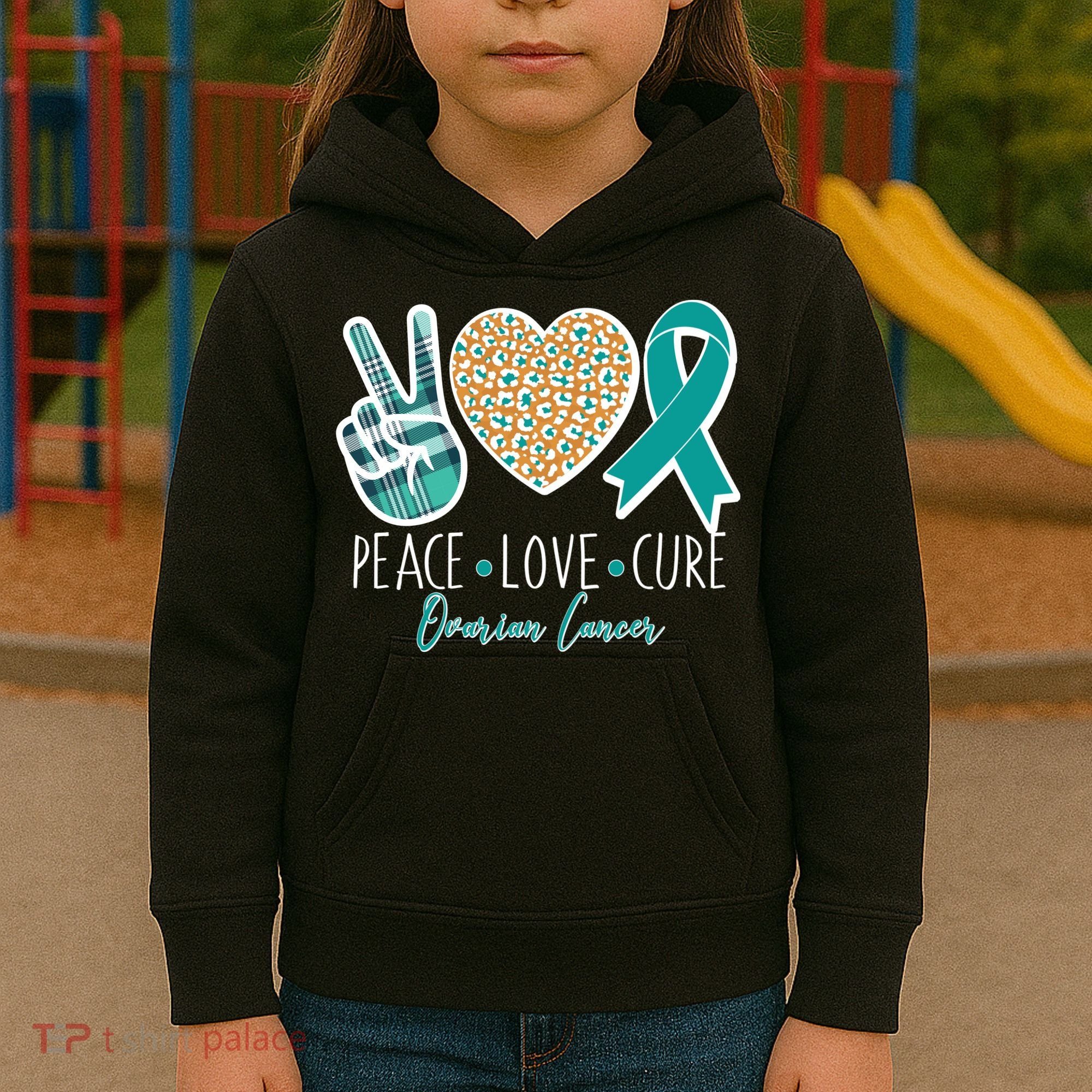 Peace Love Cure Ovarian Cancer Awareness Kids Hoodie