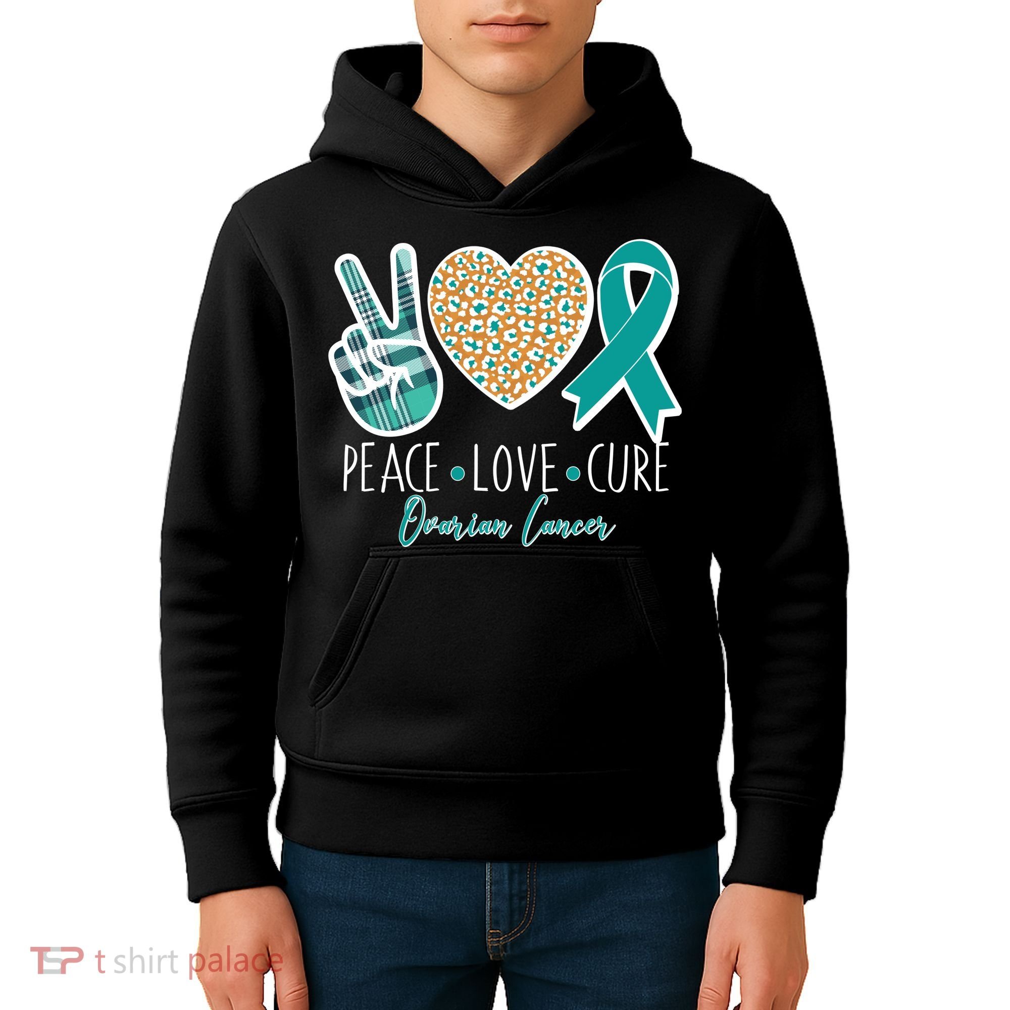 Peace Love Cure Ovarian Cancer Awareness Kids Hoodie