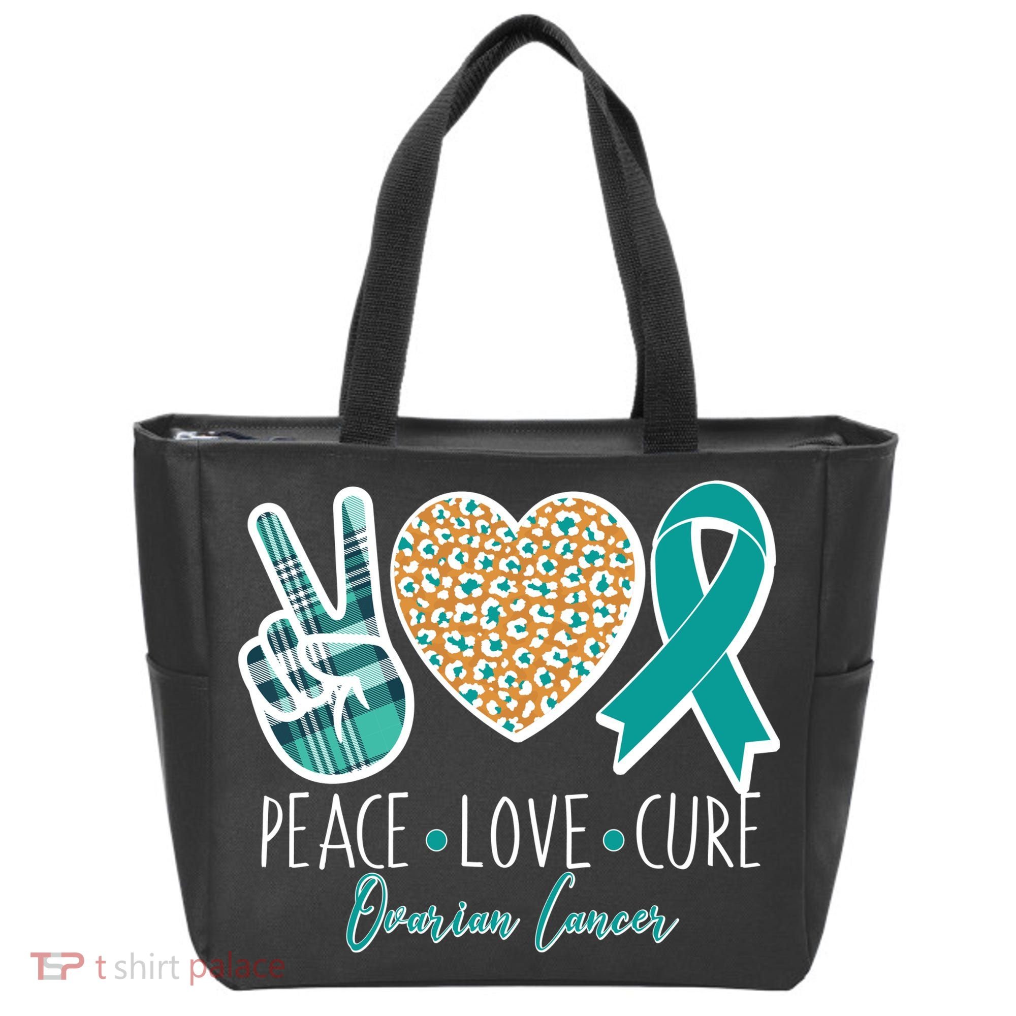 Peace Love Cure Ovarian Cancer Awareness Tote Bag