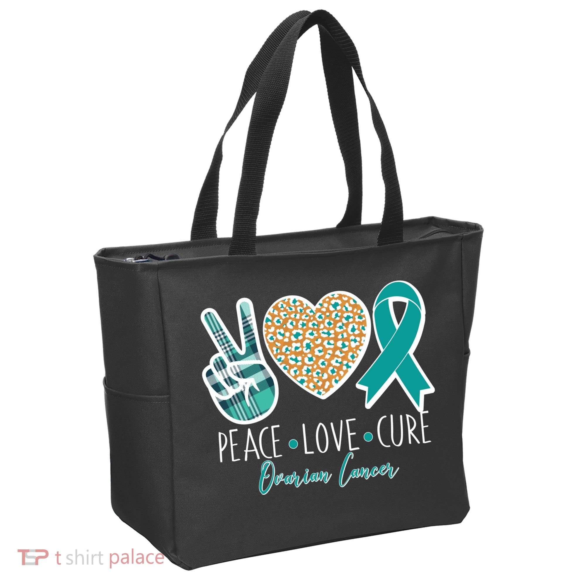 Peace Love Cure Ovarian Cancer Awareness Tote Bag