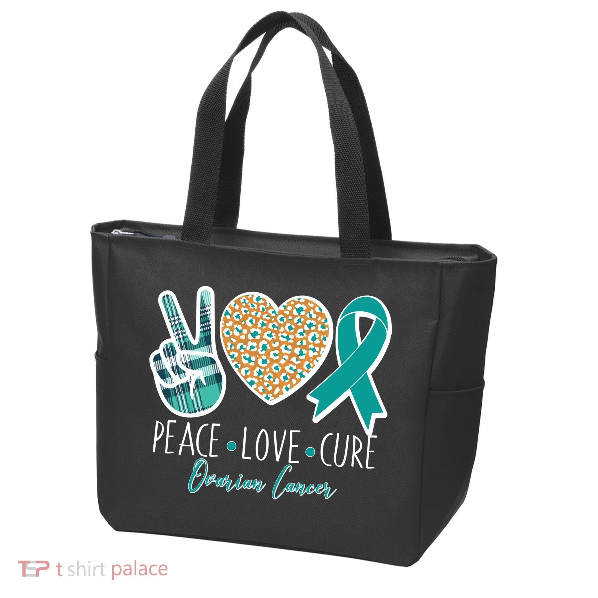 Peace Love Cure Ovarian Cancer Awareness Tote Bag