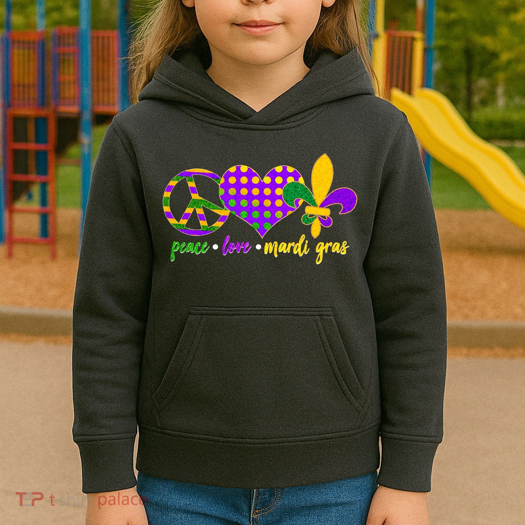 Peace Love Mardi Gras Kids Hoodie