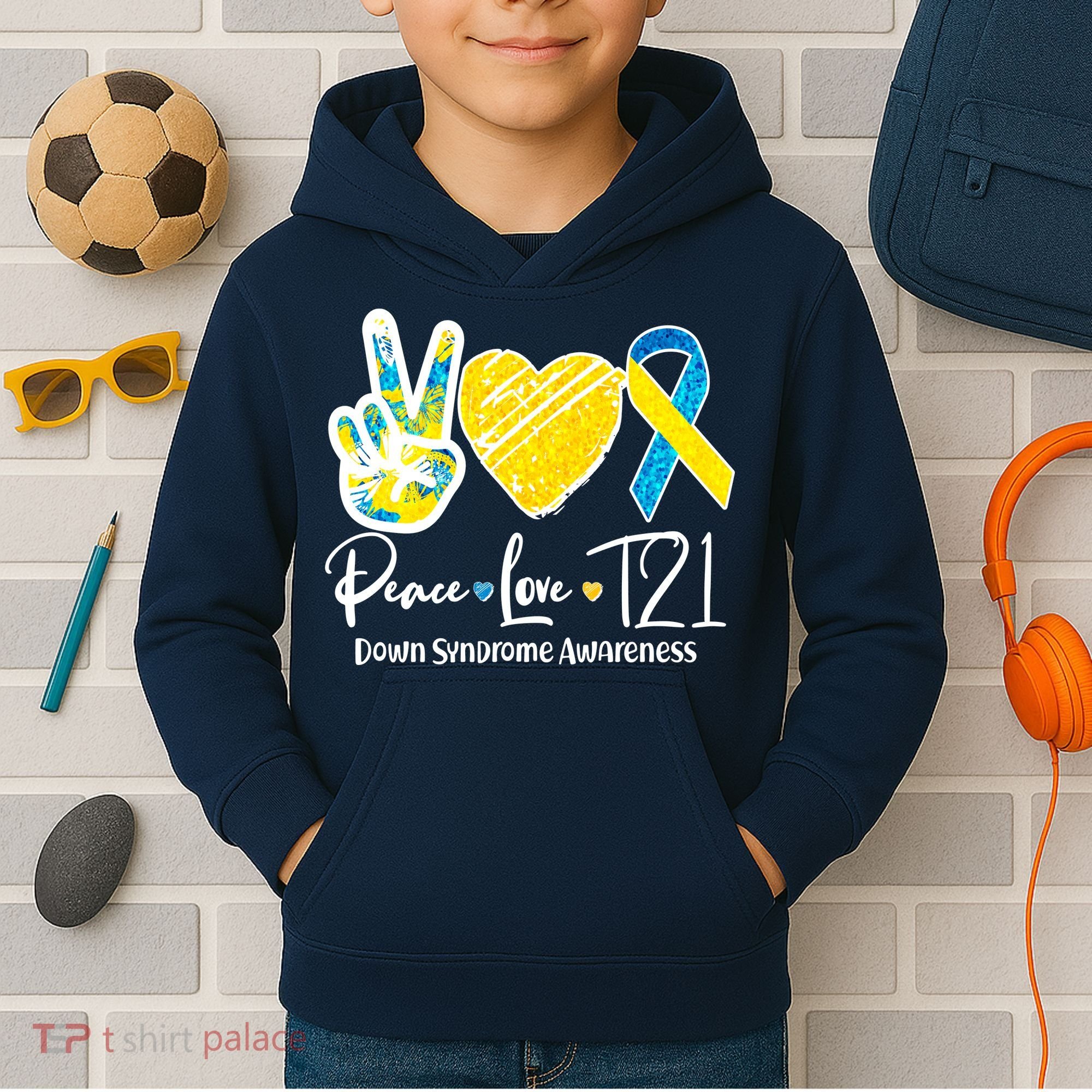 Peace Love T21 Down Syndrome Awareness Kids Hoodie