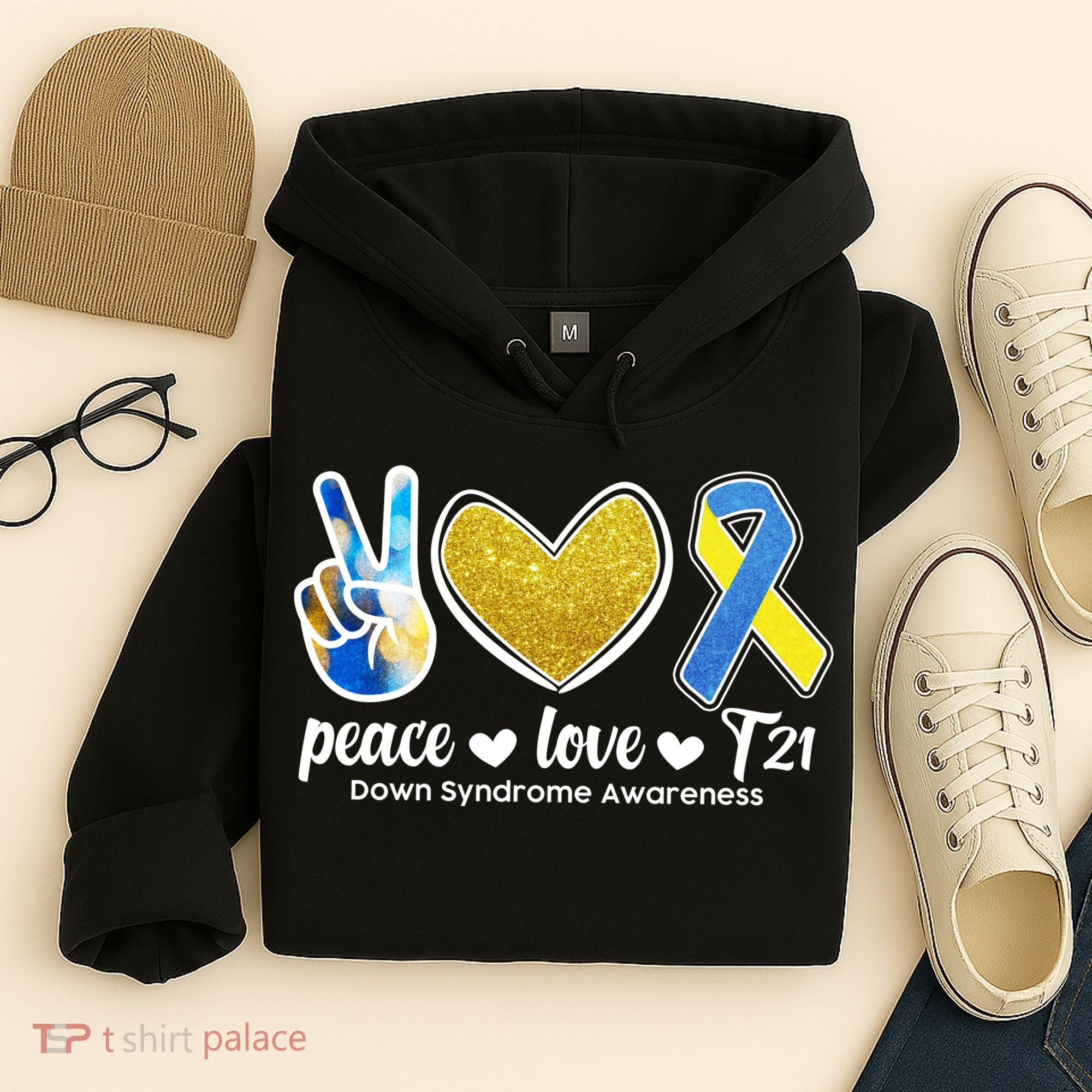 Peace Love T21 Down Syndrome Awareness Ribbon Hoodie