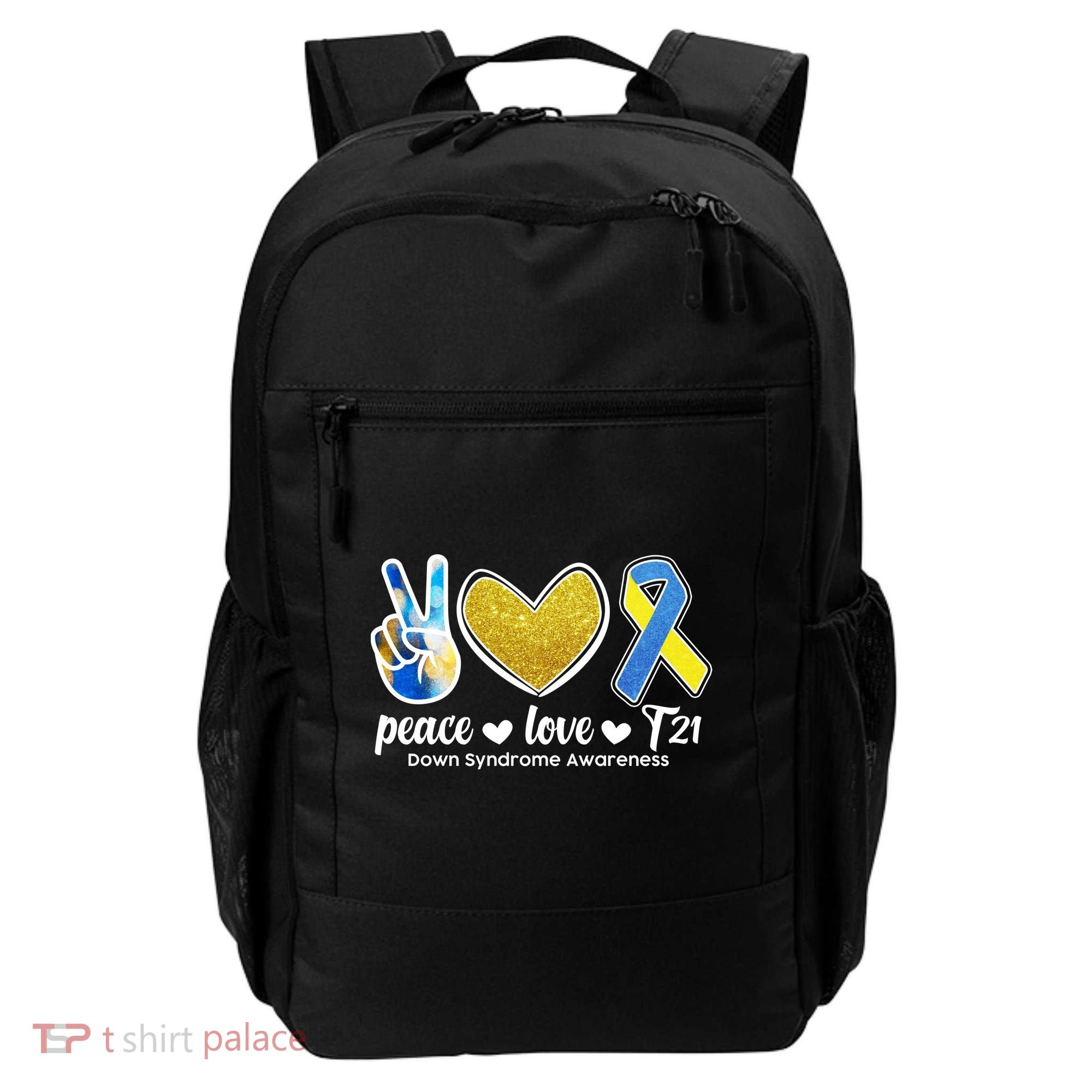 Peace Love T21 Down Syndrome Awareness Ribbon Backpack