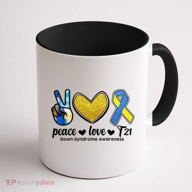 Peace Love T21 Down Syndrome Awareness Ribbon Coffee Mug back