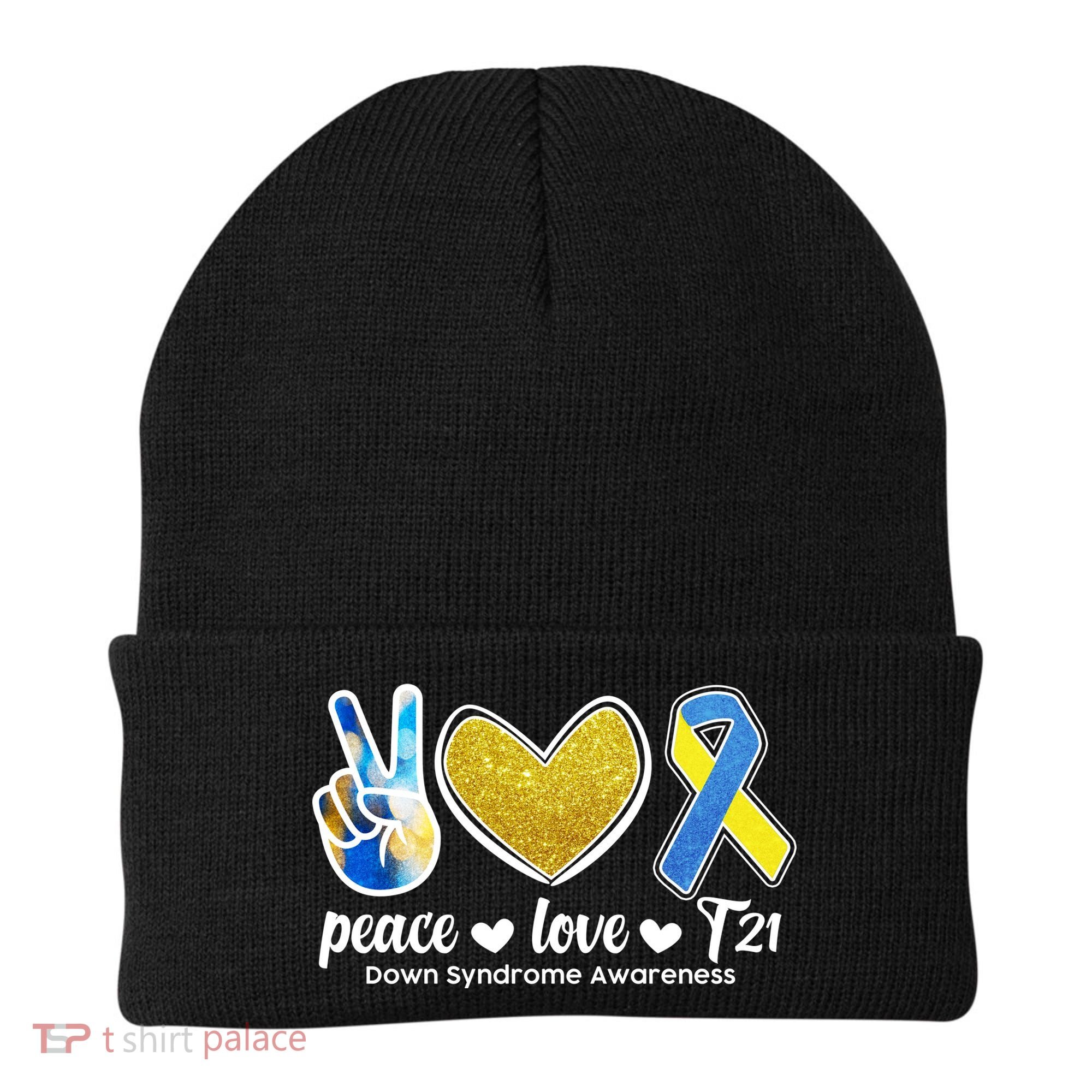 Peace Love T21 Down Syndrome Awareness Ribbon Beanie
