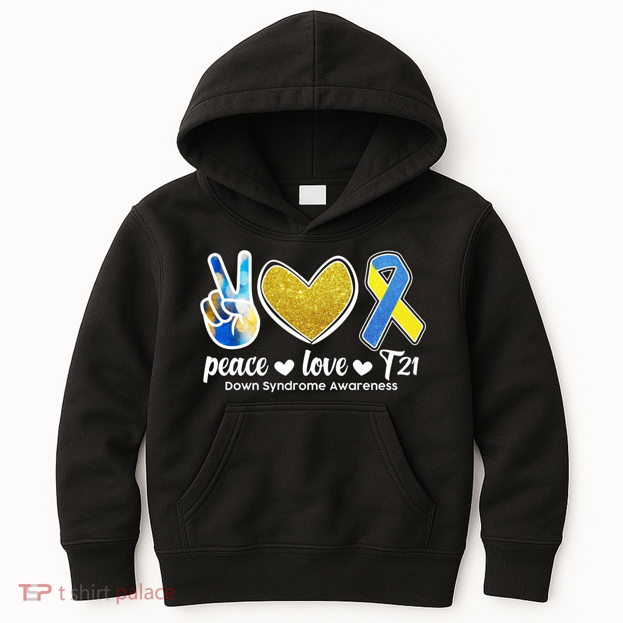 Peace Love T21 Down Syndrome Awareness Ribbon Kids Hoodie