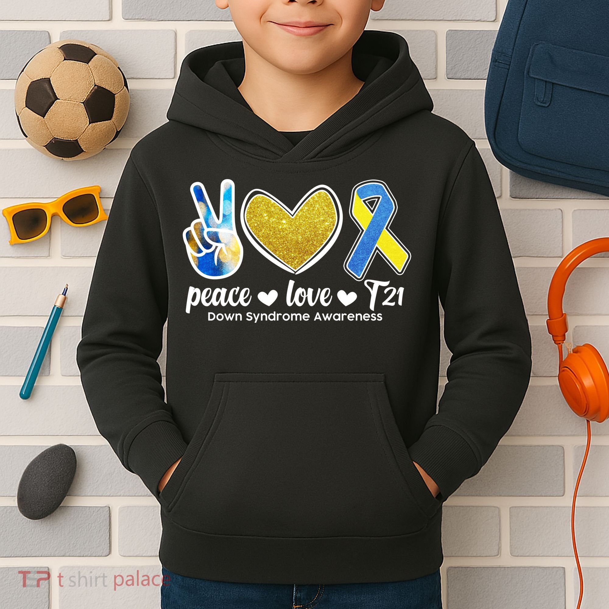 Peace Love T21 Down Syndrome Awareness Ribbon Kids Hoodie