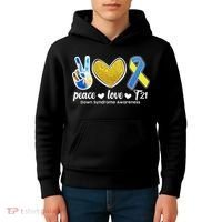 Peace Love T21 Down Syndrome Awareness Ribbon Kids Hoodie thumb 4