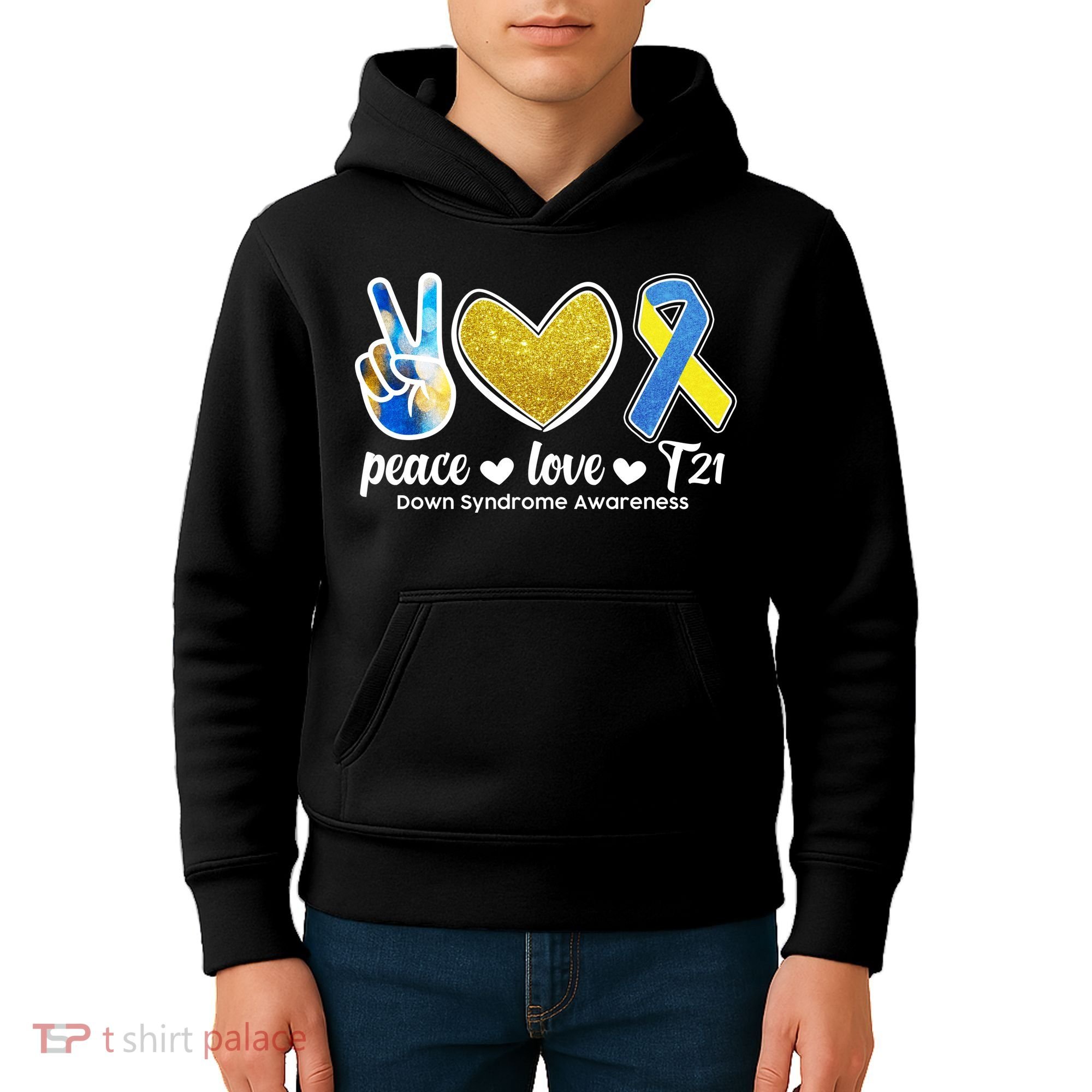 Peace Love T21 Down Syndrome Awareness Ribbon Kids Hoodie