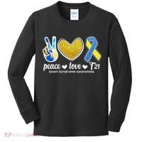 Peace Love T21 Down Syndrome Awareness Ribbon Kids Long Sleeve Shirt thumb 0