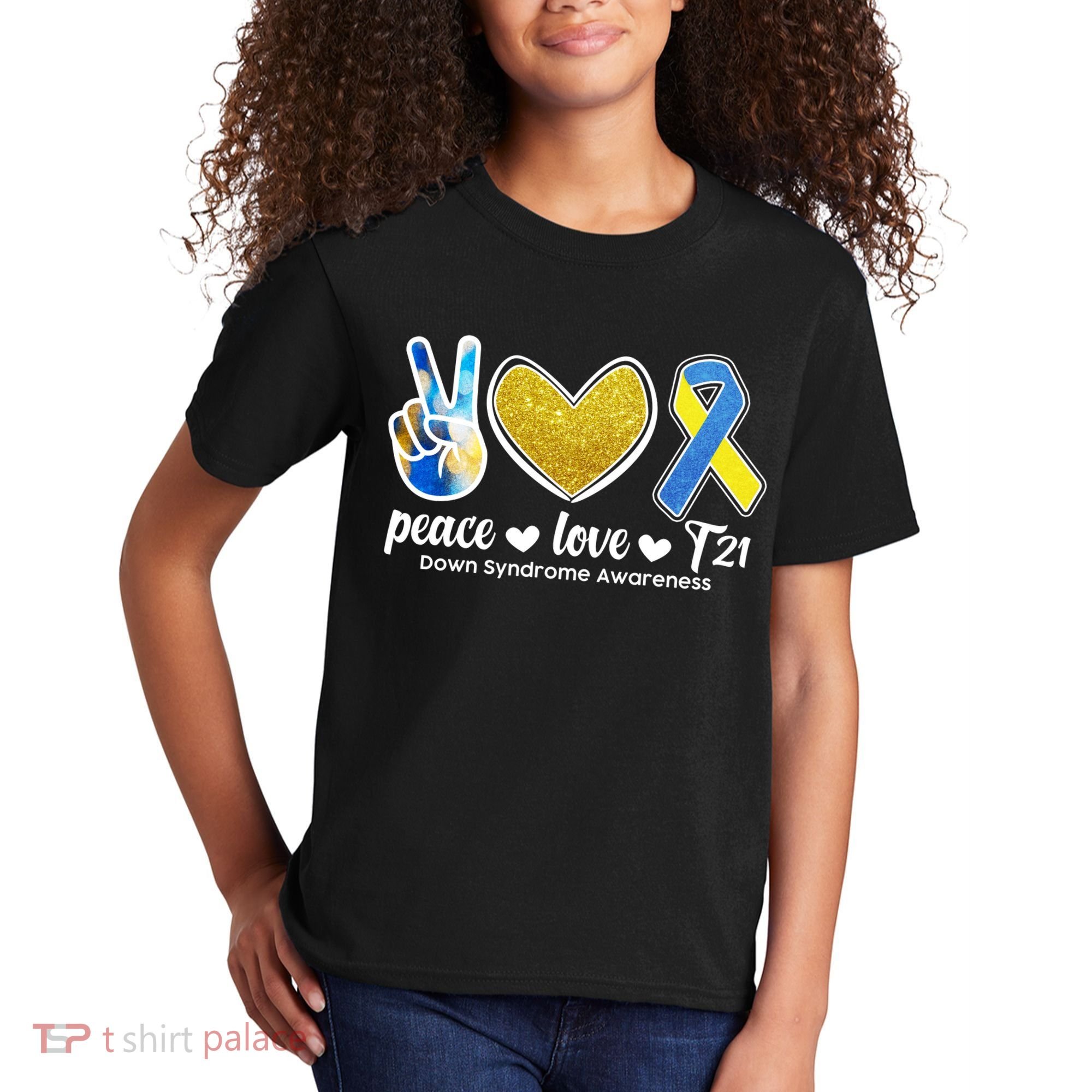 Peace Love T21 Down Syndrome Awareness Ribbon Kids T-Shirt
