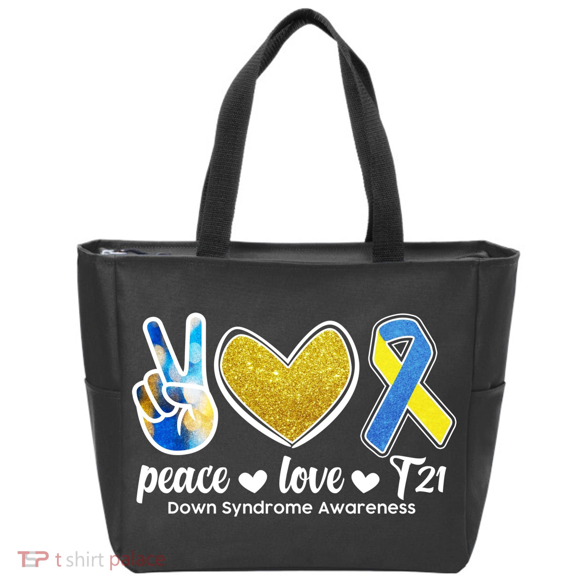 Peace Love T21 Down Syndrome Awareness Ribbon Tote Bag