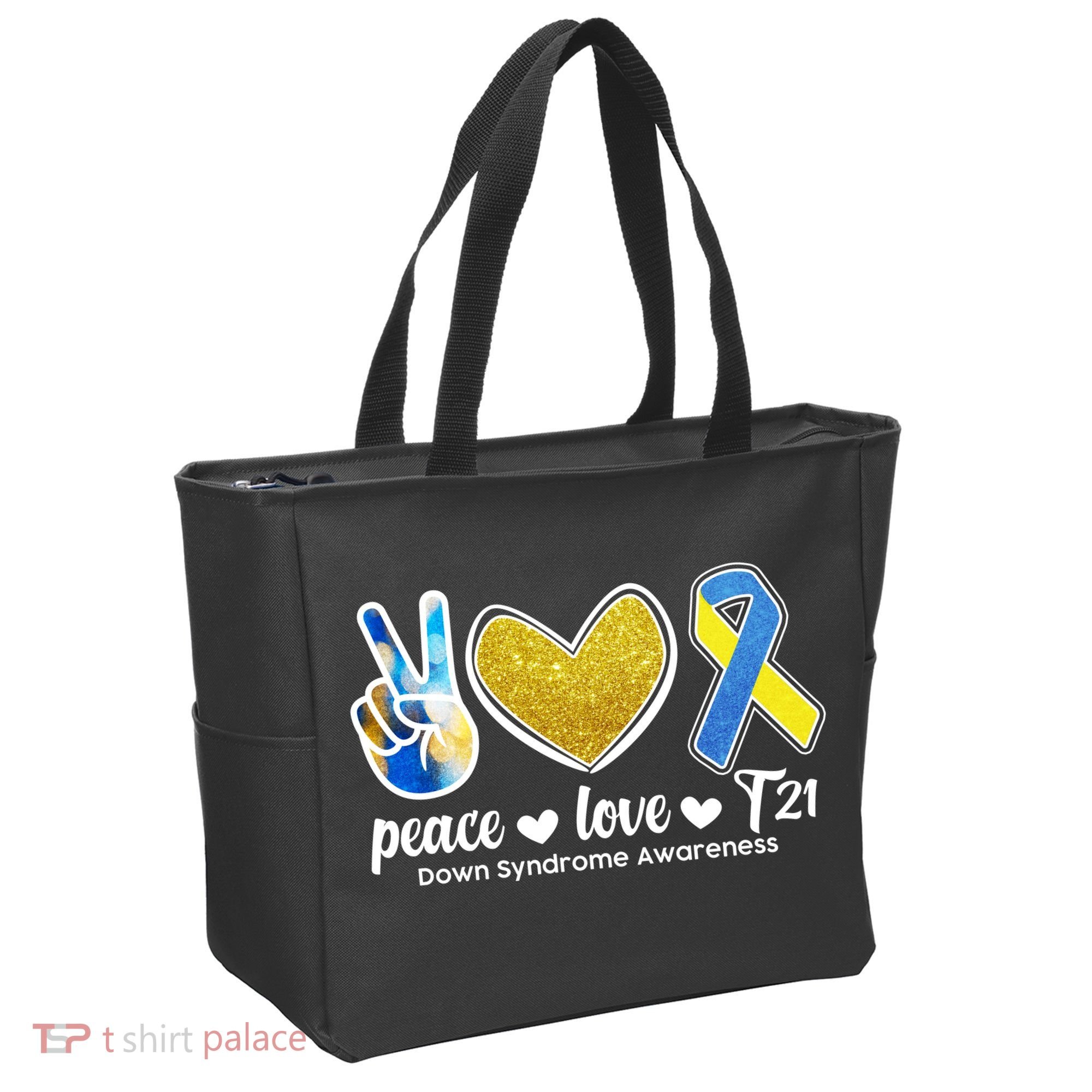 Peace Love T21 Down Syndrome Awareness Ribbon Tote Bag