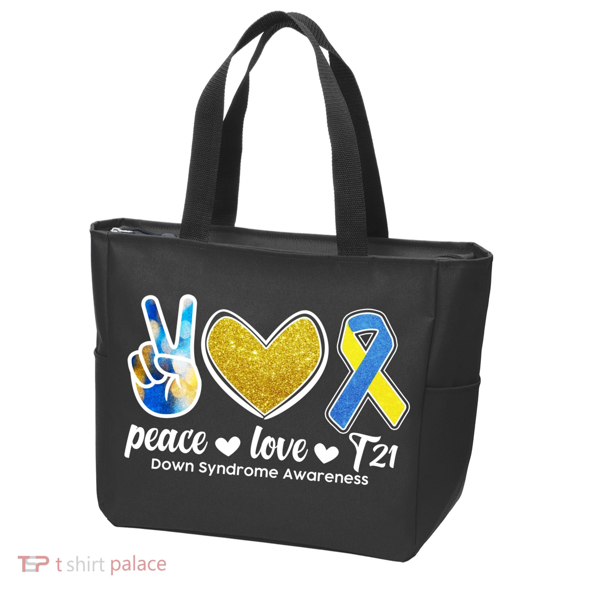 Peace Love T21 Down Syndrome Awareness Ribbon Tote Bag