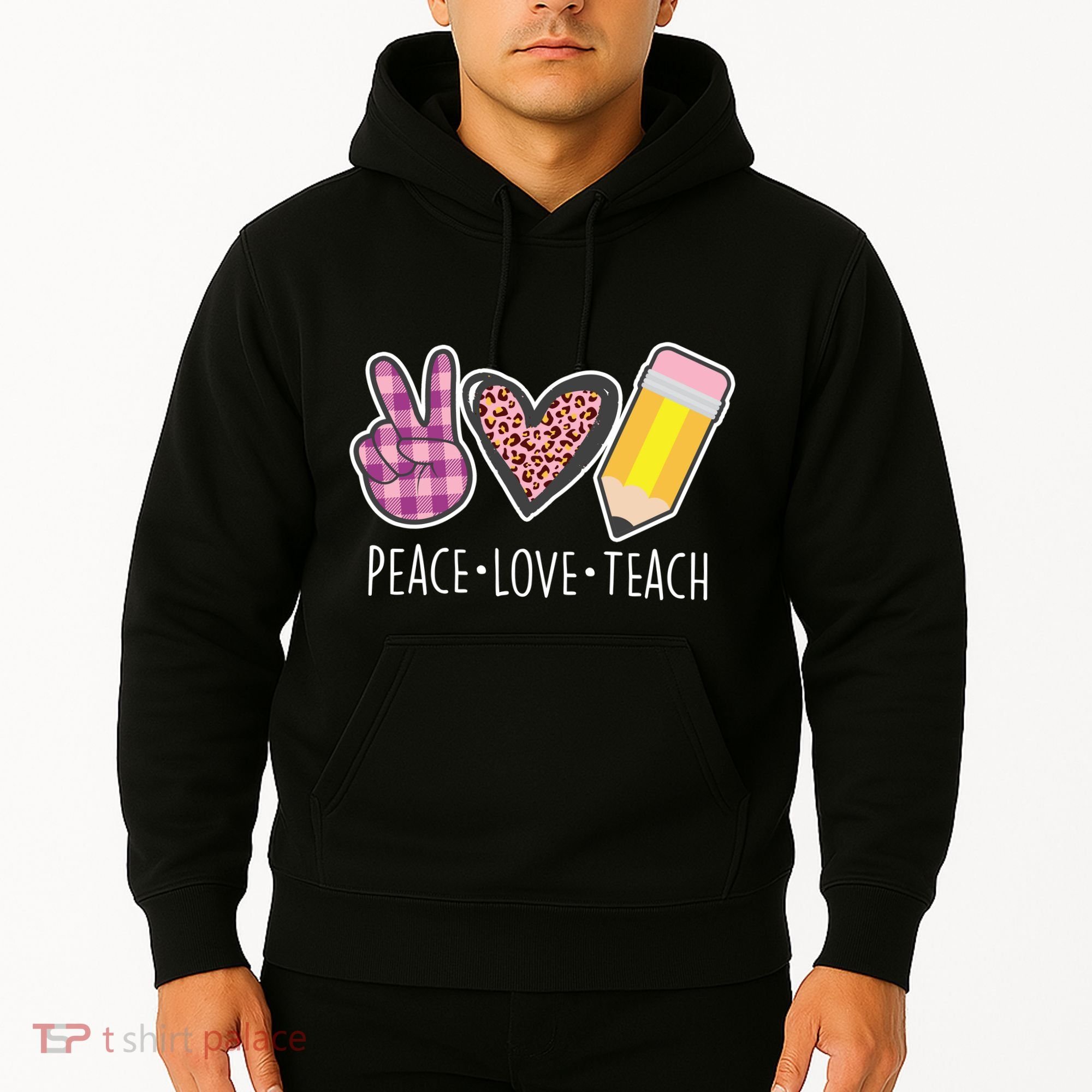 Peace Love Teach Plaid and Leopard Prints Hoodie