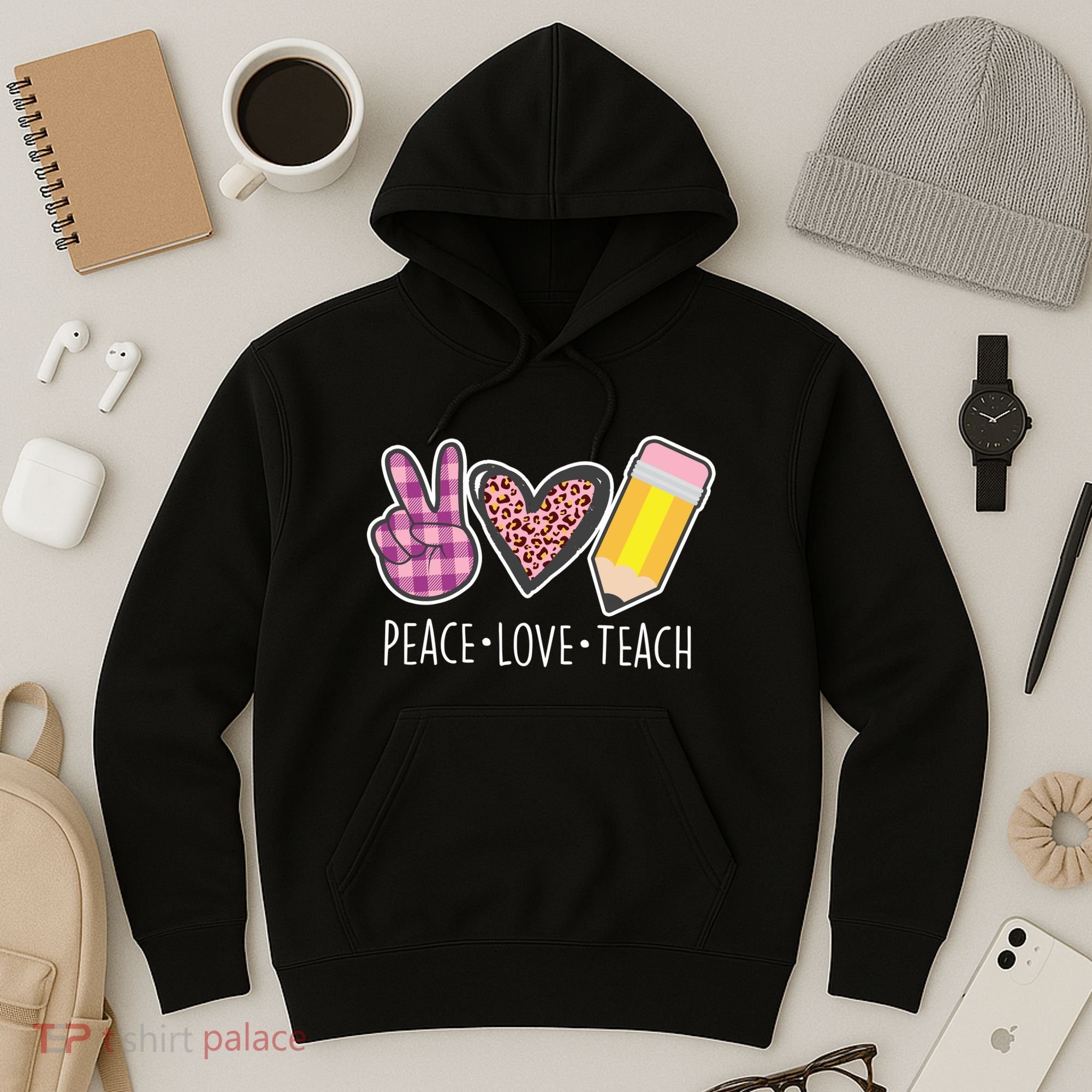 Peace Love Teach Plaid and Leopard Prints Hoodie