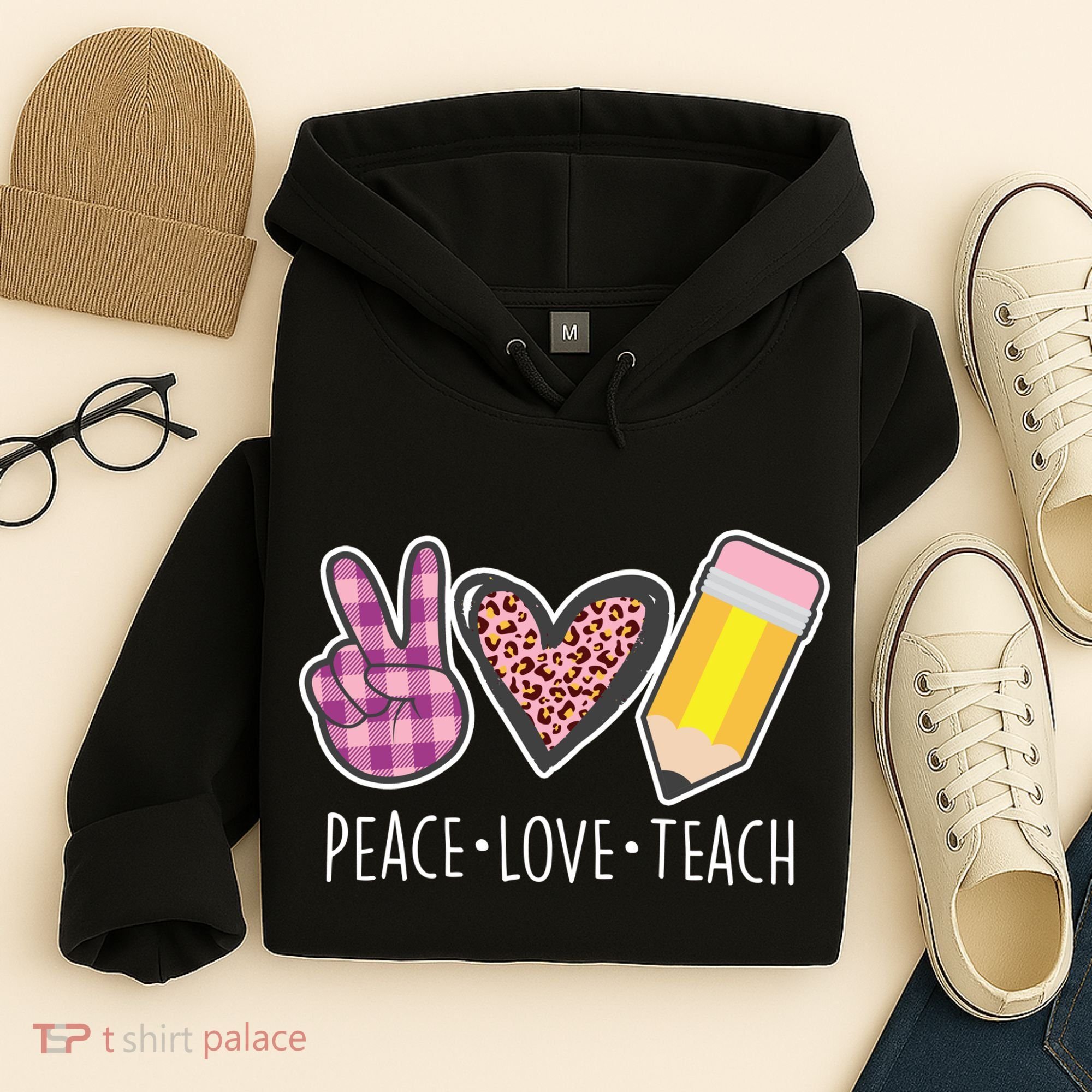 Peace Love Teach Plaid and Leopard Prints Hoodie