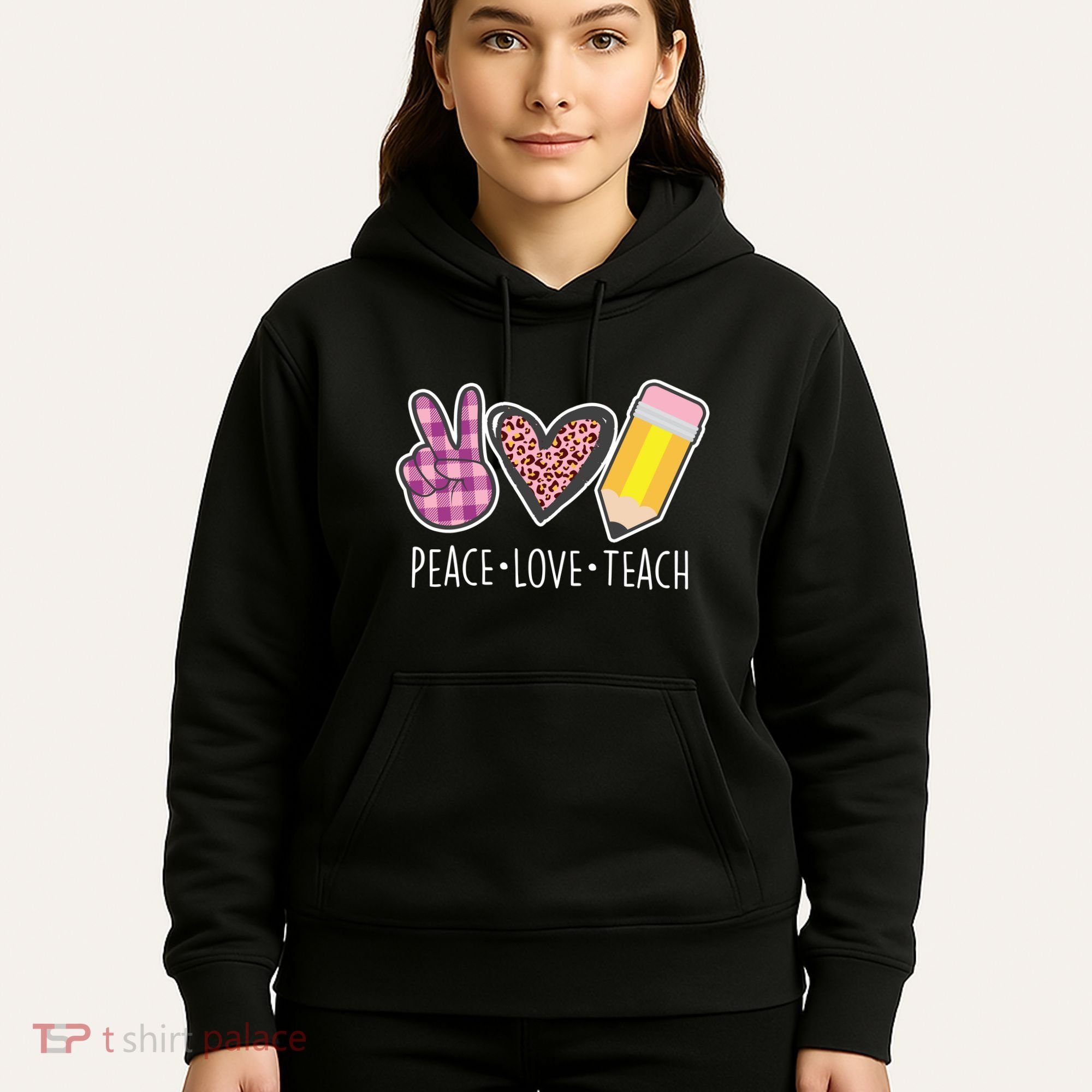Peace Love Teach Plaid and Leopard Prints Hoodie