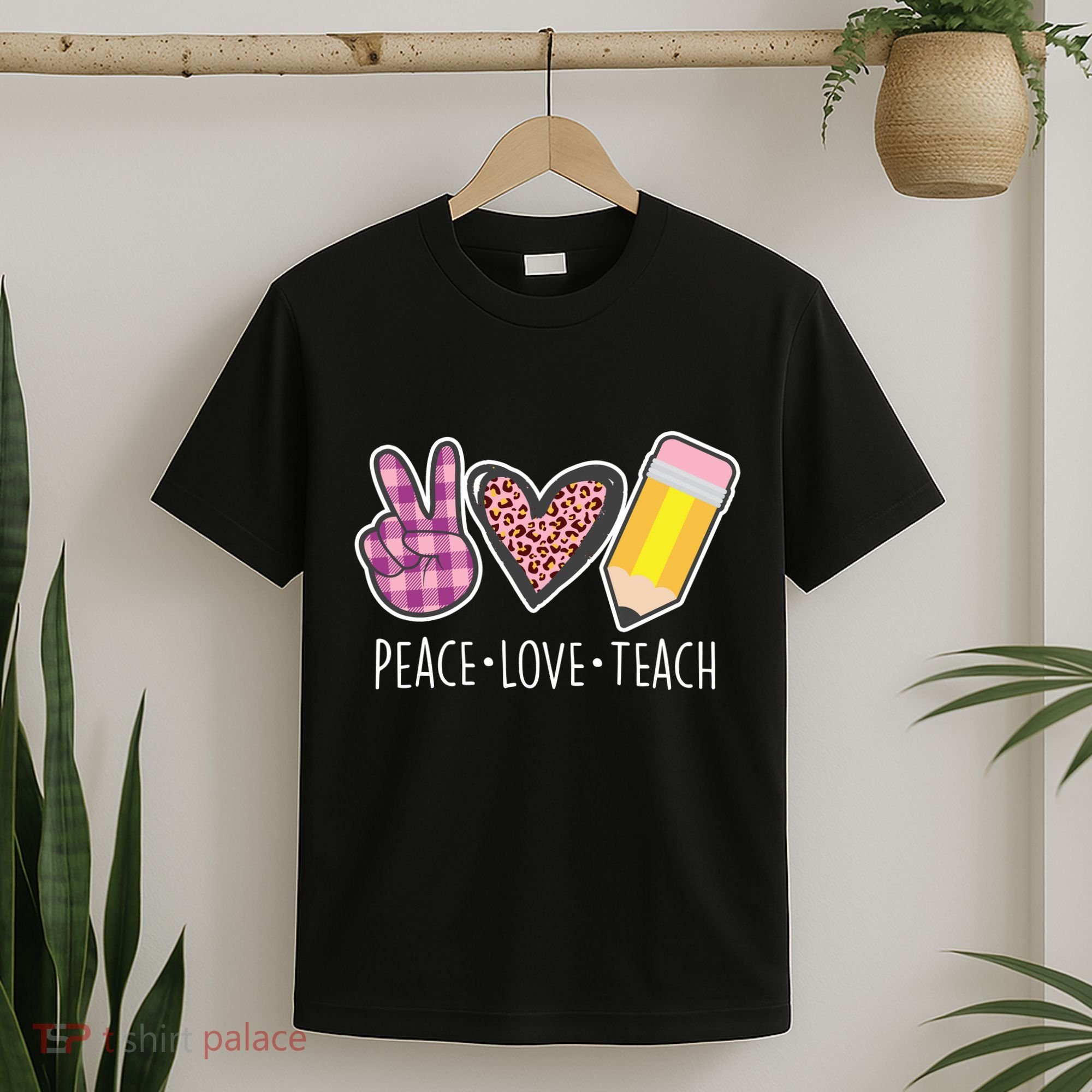 Peace Love Teach Plaid and Leopard Prints T-Shirt