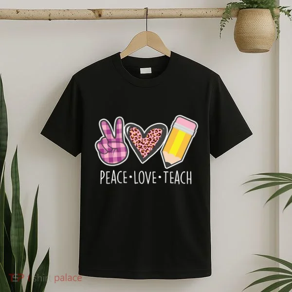 Peace Love Teach Plaid and Leopard Prints T-Shirt