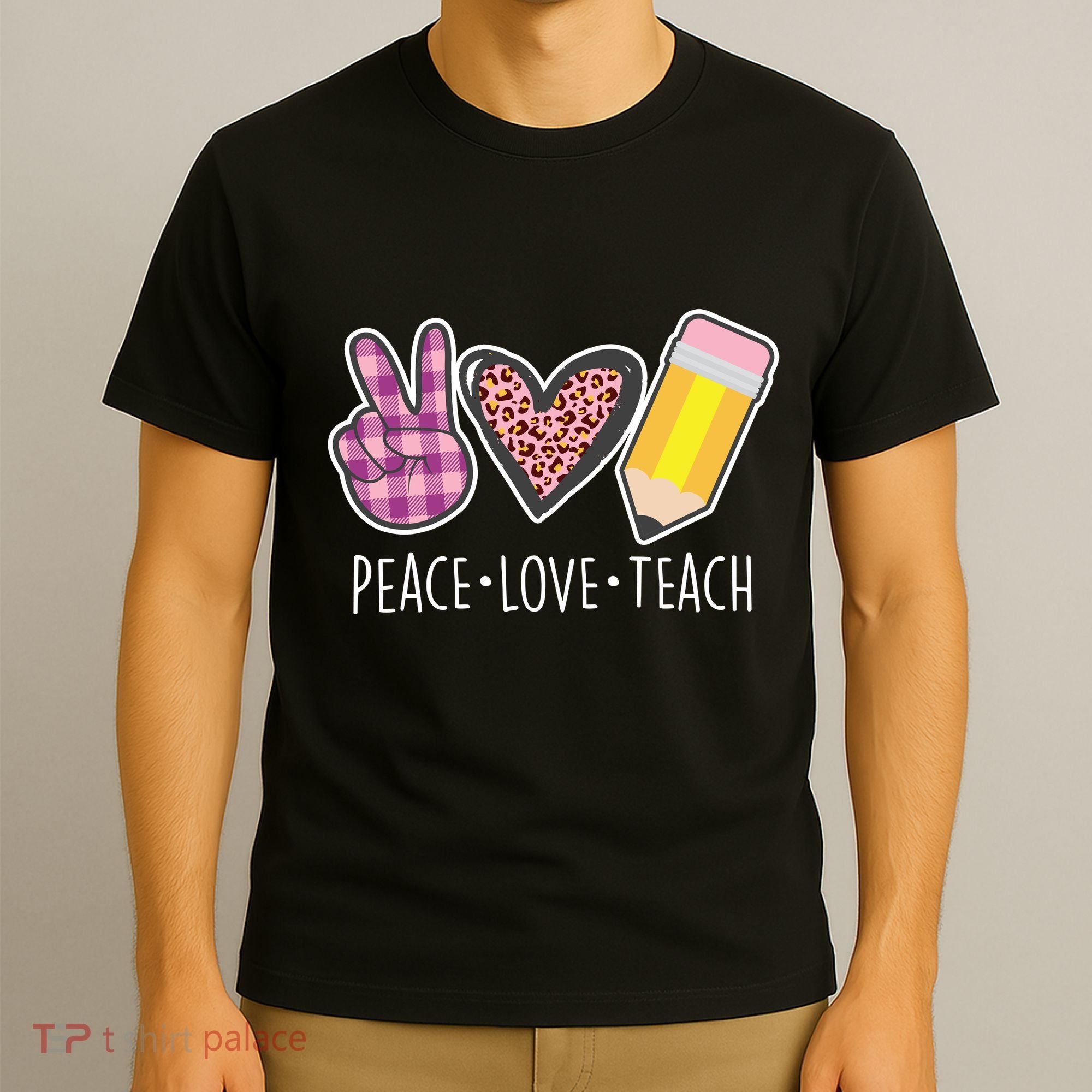 Peace Love Teach Plaid and Leopard Prints T-Shirt