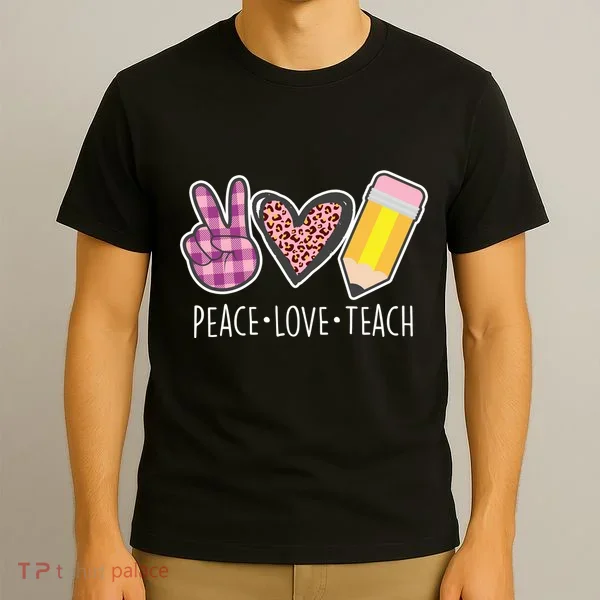 Peace Love Teach Plaid and Leopard Prints T-Shirt