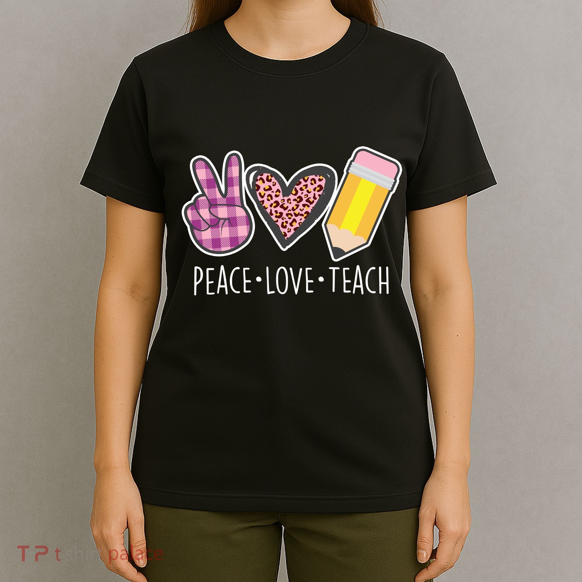 Peace Love Teach Plaid and Leopard Prints T-Shirt