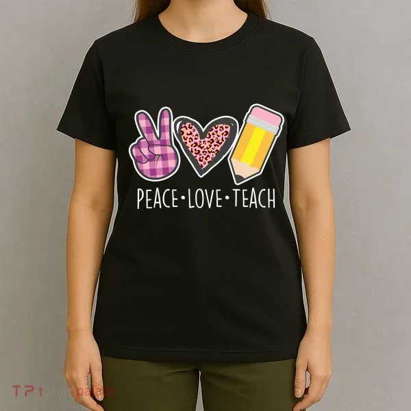 Peace Love Teach Plaid and Leopard Prints T-Shirt