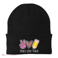 Peace Love Teach Plaid and Leopard Prints Beanie thumb 0