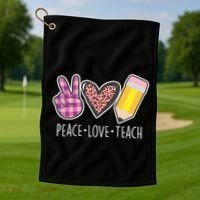 Peace Love Teach Plaid and Leopard Prints Golf Towel thumb 1