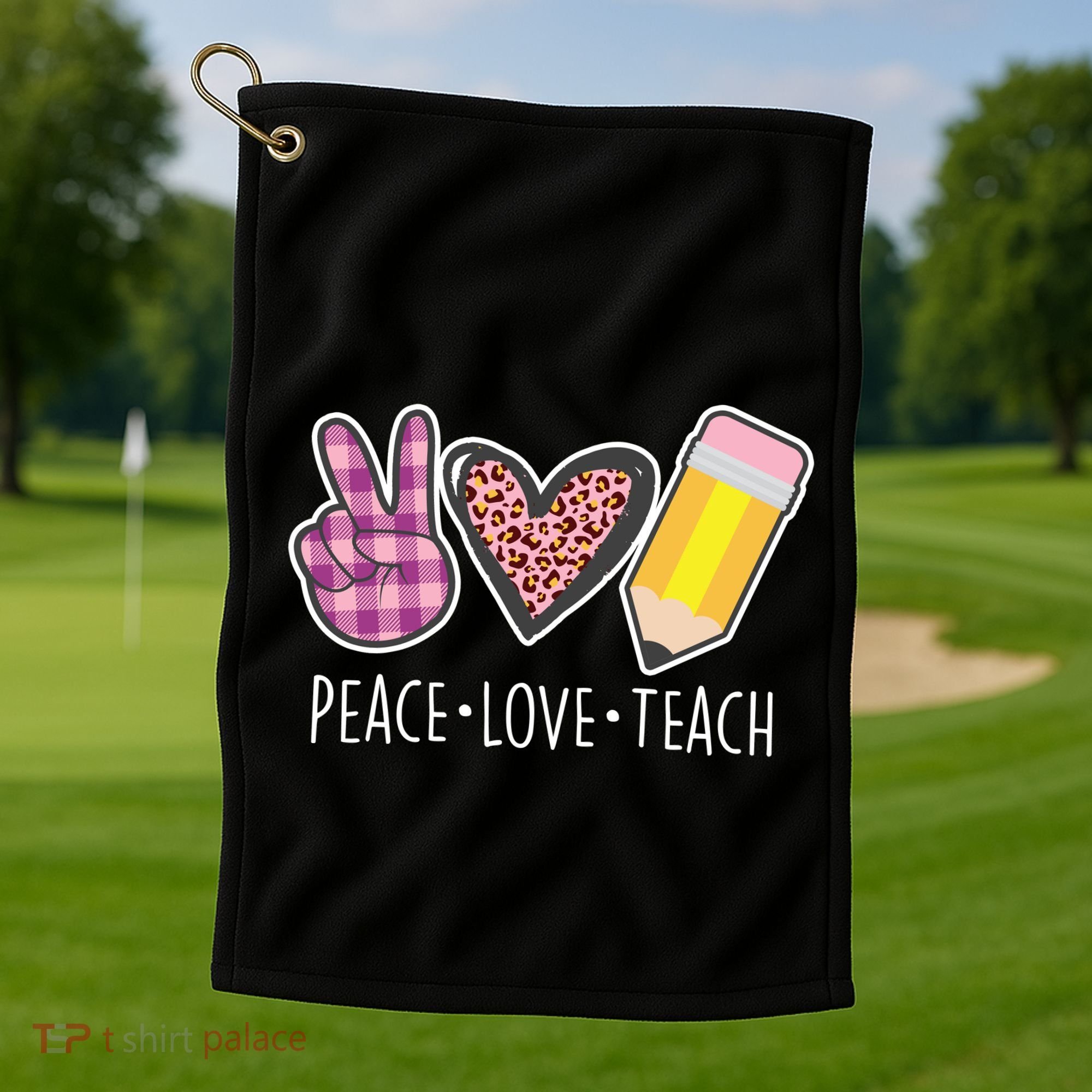 Peace Love Teach Plaid and Leopard Prints Golf Towel