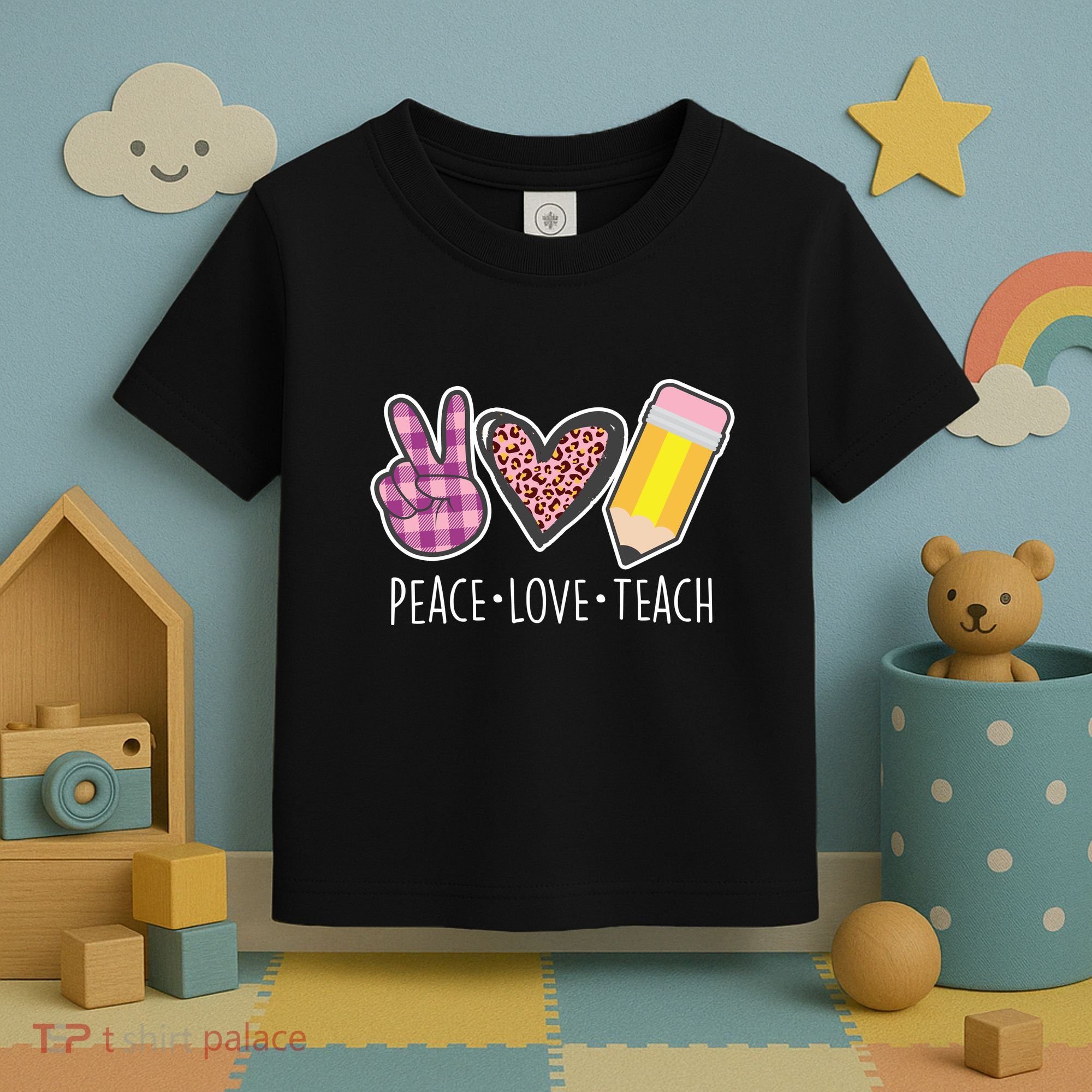 Peace Love Teach Plaid and Leopard Prints Toddler T-Shirt
