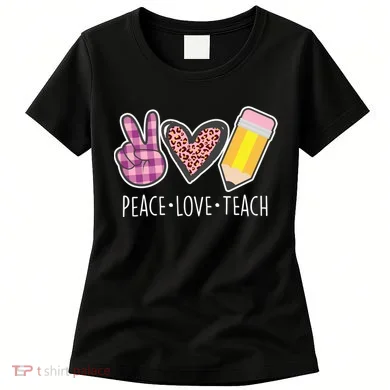 Peace Love Teach Plaid and Leopard Prints Women's T-Shirt