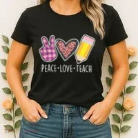 Peace Love Teach Plaid and Leopard Prints Women's T-Shirt thumb 2