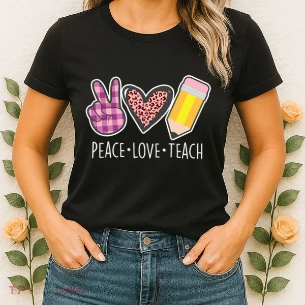 Peace Love Teach Plaid and Leopard Prints Women's T-Shirt