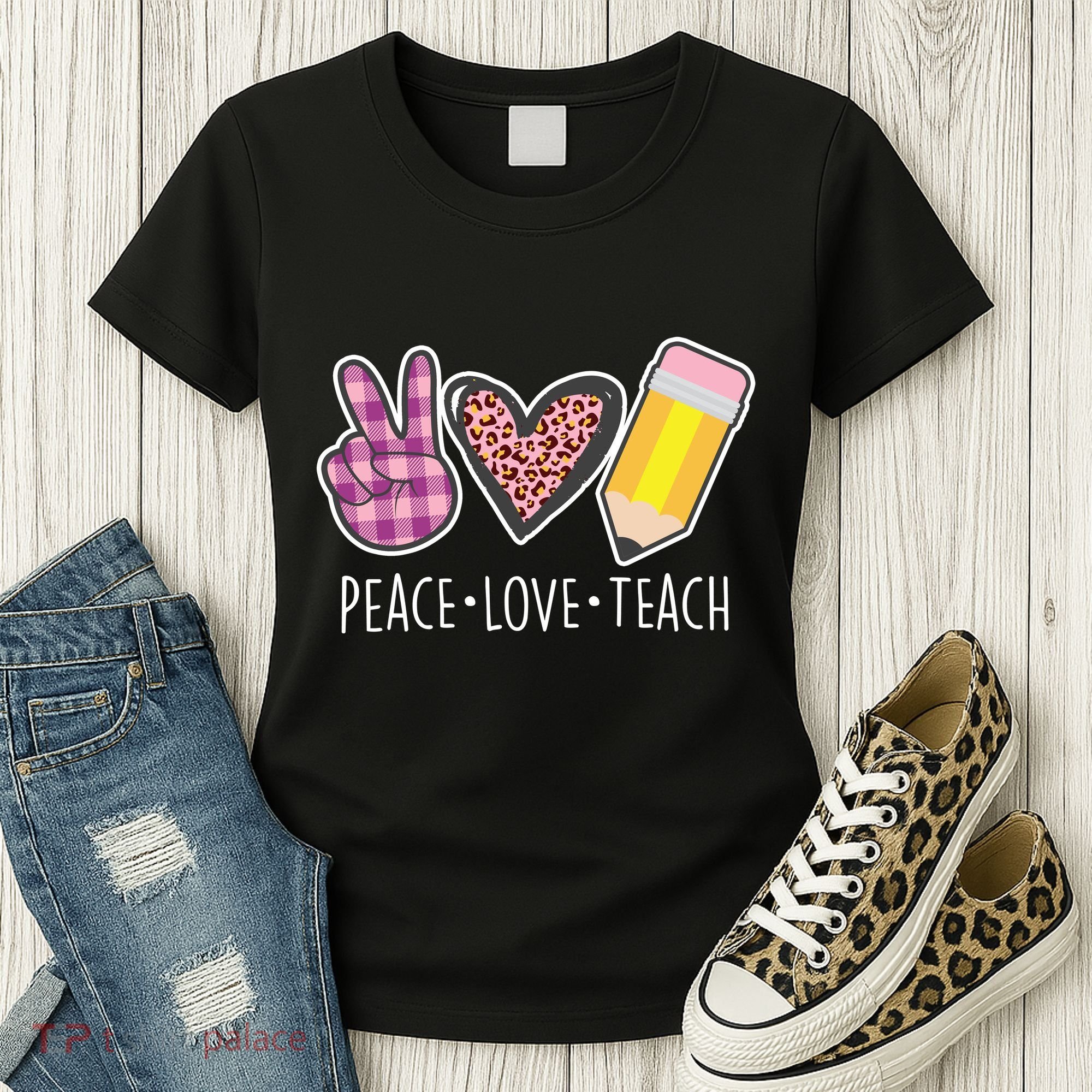Peace Love Teach Plaid and Leopard Prints Women's T-Shirt