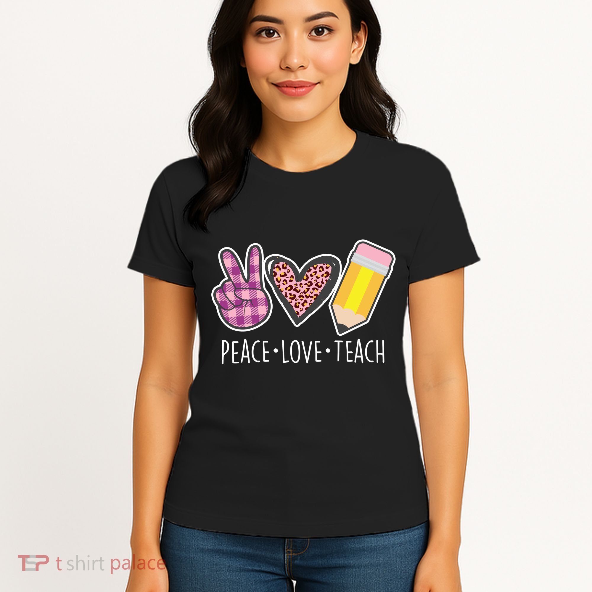 Peace Love Teach Plaid and Leopard Prints Women's T-Shirt