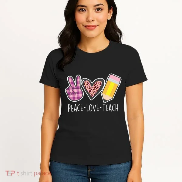 Peace Love Teach Plaid and Leopard Prints Women's T-Shirt