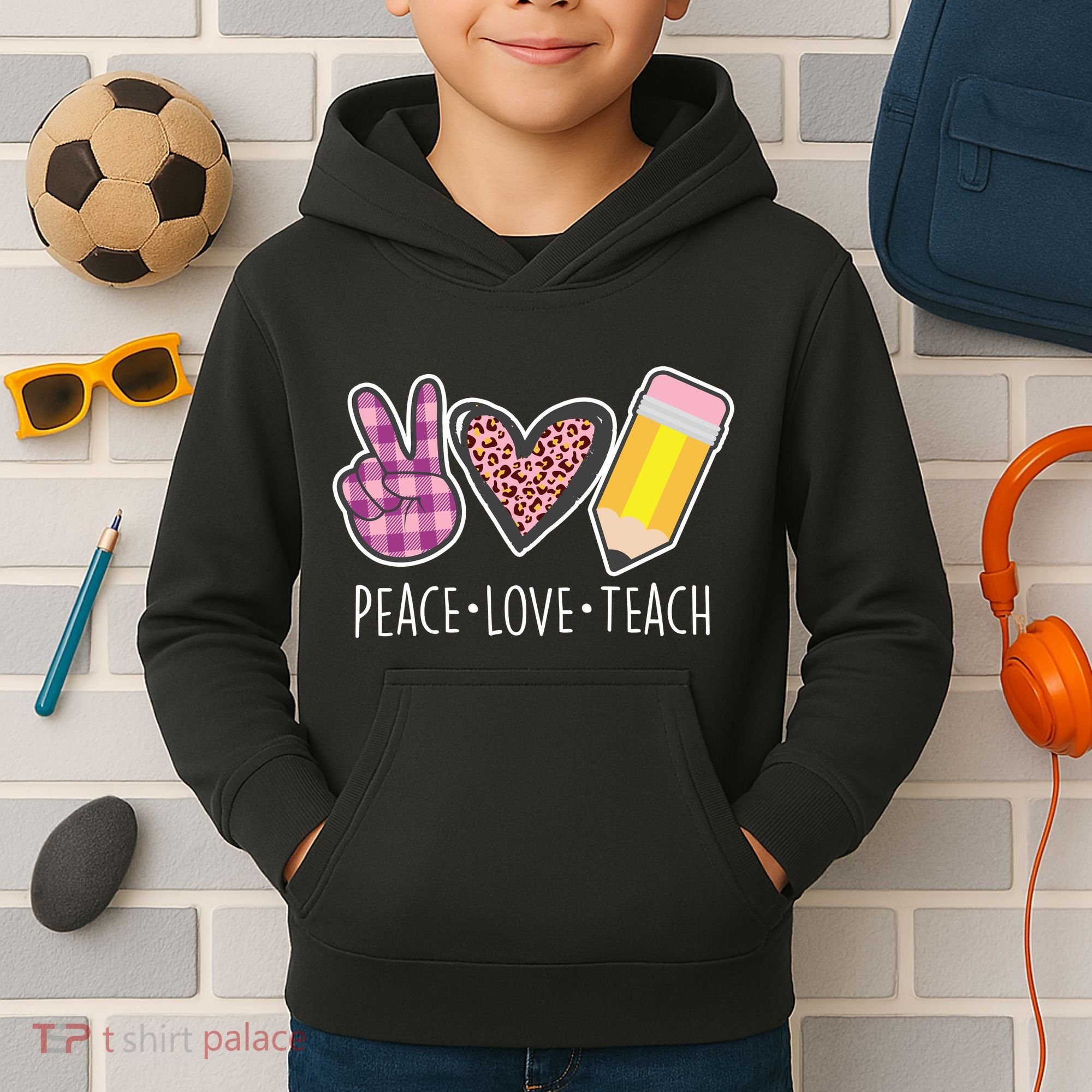 Peace Love Teach Plaid and Leopard Prints Kids Hoodie