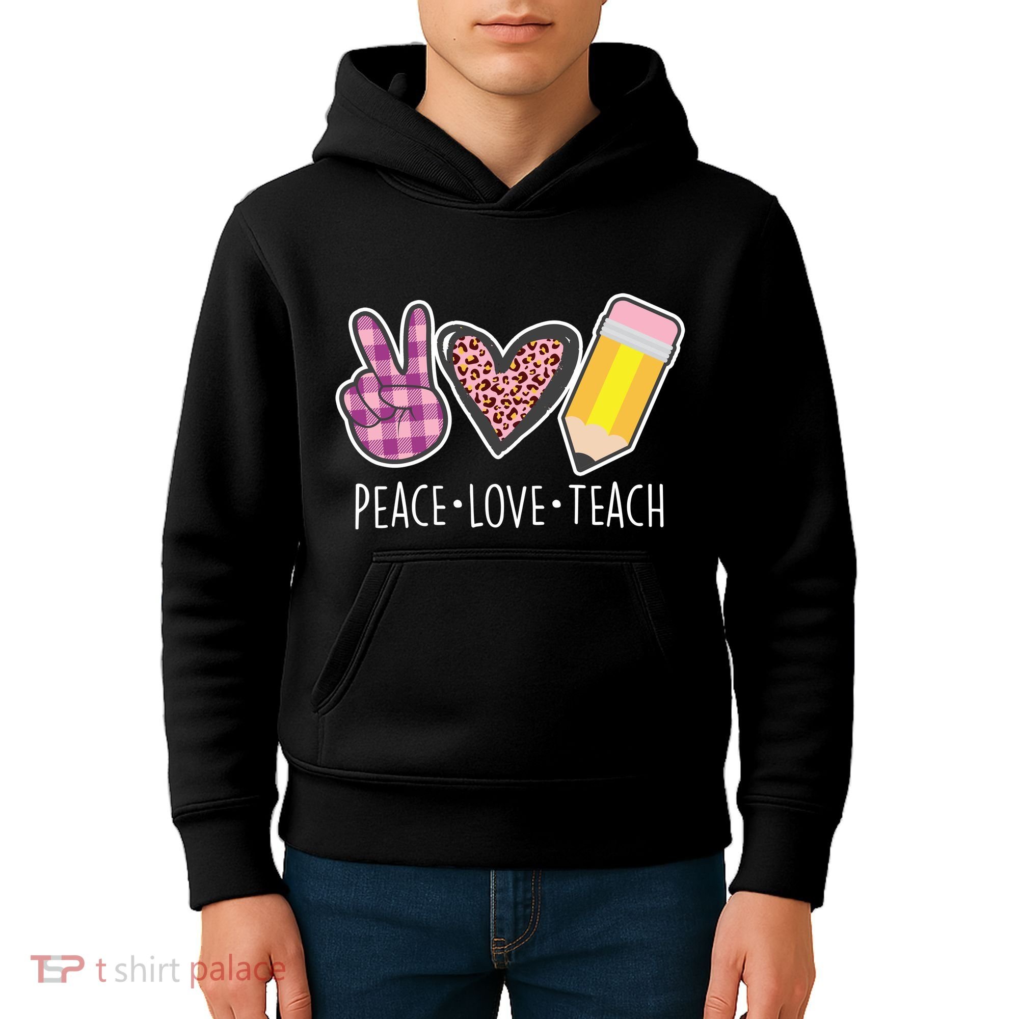 Peace Love Teach Plaid and Leopard Prints Kids Hoodie