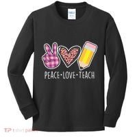 Peace Love Teach Plaid and Leopard Prints Kids Long Sleeve Shirt thumb 0
