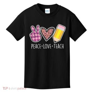 Peace Love Teach Plaid and Leopard Prints Kids T-Shirt